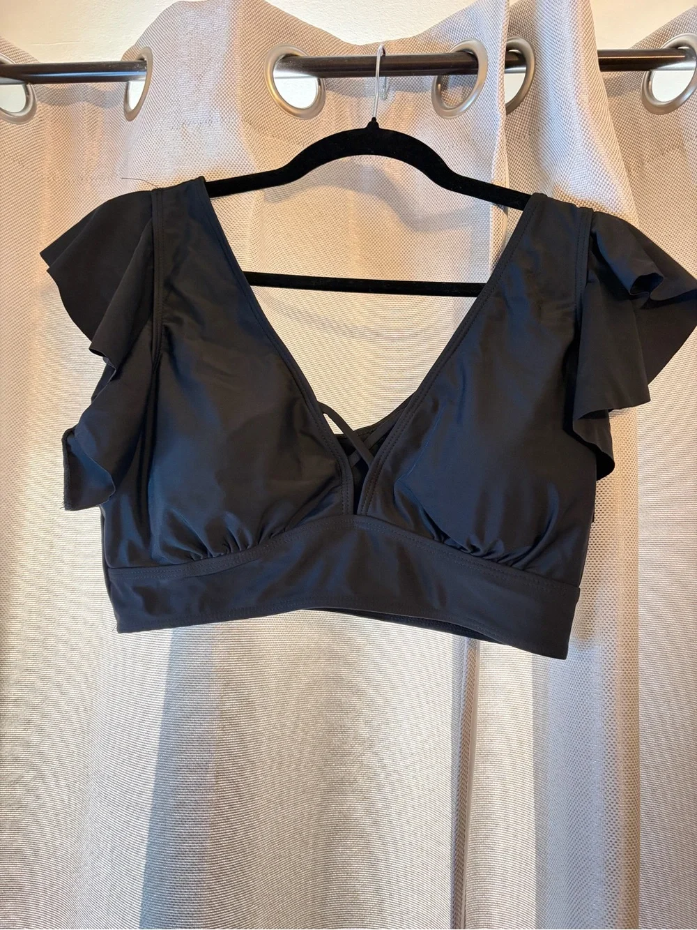 Women's Black Ruffle-Sleeve Bikini Top – Flattering V-Neck Swim Bralette